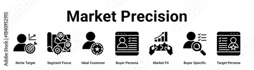 Market Precision web banner icon vector illustration concept for business with icon of Niche Target, Segment Focus, Ideal Customer, Buyer Persona, Market Fit, Buyer Specific.