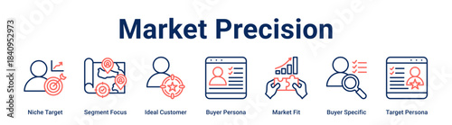 Market Precision web banner icon vector illustration concept for business with icon of Niche Target, Segment Focus, Ideal Customer, Buyer Persona, Market Fit, Buyer Specific.