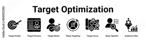 Target Optimization web banner icon vector illustration concept for business with icon of Target Divider, Target Persona, Target Match, Sharp Targeting, Target Focus, Buyer Specific.