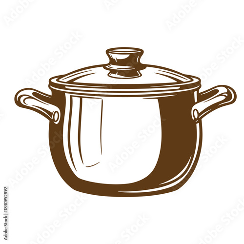 Vintage sketch illustration of a covered cooking pot with two handles for culinary preparation