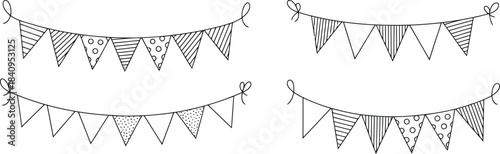 A collection of four hand drawn bunting banners with different patterns on a white background