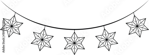 A festive black outline garland features geometric star shapes hanging from a curved line