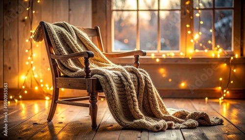 A cozy wooden armchair draped with a knitted blanket by a window adorned with warm string lights, creating a serene and inviting atmosphere.
