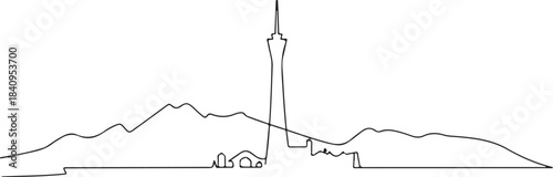 Continuous Line Tehran Skyline with Mountains and Central Tower Minimal Artistic Illustration