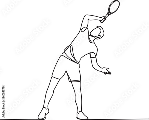 Continuous line illustration of an athlete twisting the torso during a serve