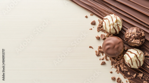 Cream chocolate praline assortment on textured backdrop, rich decadent mood