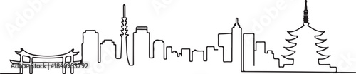 Continuous Line Tokyo Skyline with Asakusa Pagoda Silhouette Minimal Artistic Illustration