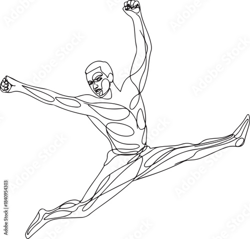 Continuous line art illustration of an airborne left handed attacker performing a full stretch spike