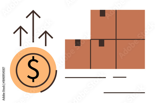Dollar sign with upward arrows symbolizing growth, stacking boxes depicting logistics and product delivery. Ideal for business growth, e-commerce, trade, shipping, retail, profit increase