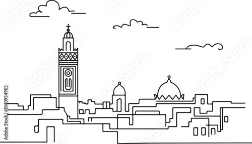 Continuous Line Tunis Skyline with Ancient Medina Rooftops Minimal Artistic Illustration