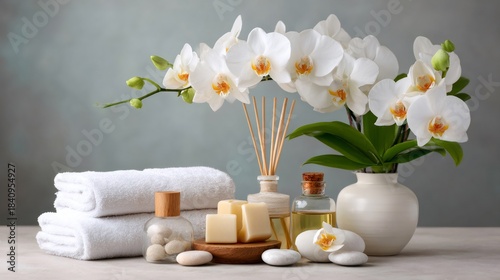 Spa wellness treatment setting with aromatherapy orchid and towels