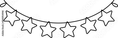 An elegant black line drawing displays a festive string of five pointed stars hanging in an arc
