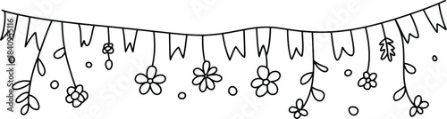 Continuous line drawing of a cheerful garland with dangling flowers leaves and other organic shapes