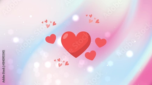 Looping animation featuring floating hearts on a soft pink and blue bokeh background. Perfect for romantic themes, Valentine’s Day, love stories, wedding videos, and social media content.