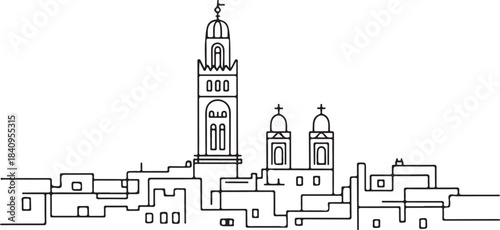 Continuous Line Tunis Skyline with Ancient Medina Rooftops Minimal Artistic Illustration