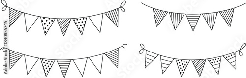 Four black outlined garlands feature diverse triangular pennants with stripes and polka dots