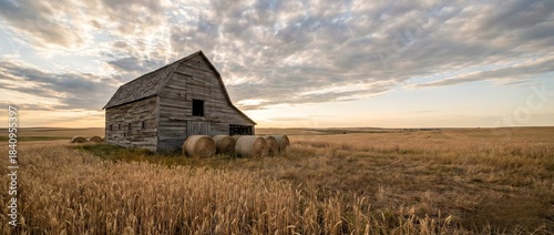 Foto Rustic Barn and Hay Bales in a Golden Wheat Field at Sunset