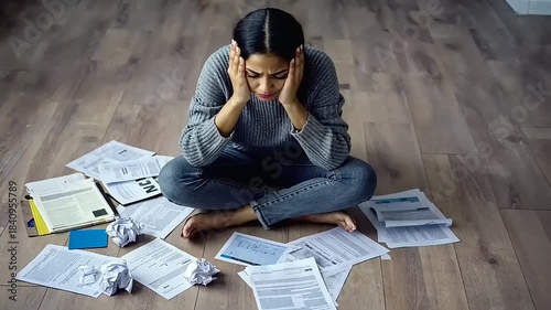 Woman sitting on the floor surrounded by crumpled papers, showing signs of stress and frustration