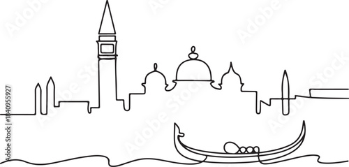 Continuous Line Venice Skyline with Gondola Wave Minimal Artistic Illustration