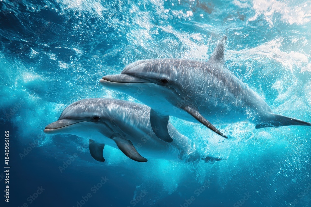 Fototapeta premium Dolphins leap and play in ocean waves, exhibiting joyful behavior in the clear blue waters during a sunny day near a tropical shore