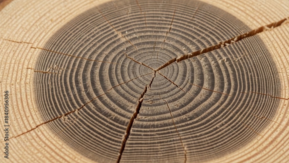 Fototapeta premium Close-up of a cross-section of a tree trunk with annual rings.