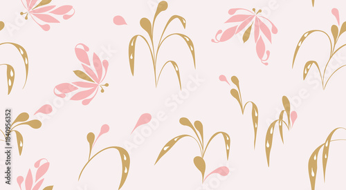Gentle foliage with teardrop floral pattern. Abstract butterfly and delicate leaf pastel seamless design.