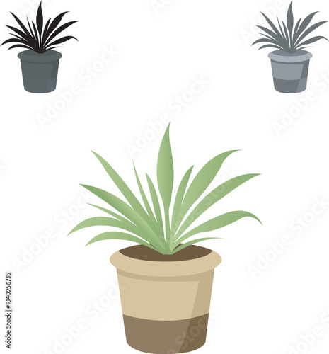 Three Potted Plants Illustration With Green Leaves In A Beige And Brown Pot