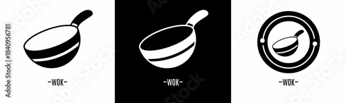 wok logo set. Collection of black and white logos. Stock vector.