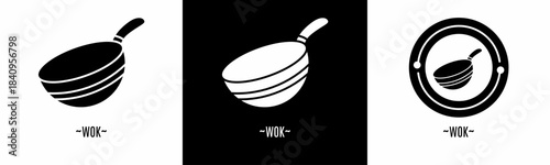 wok logo set. Collection of black and white logos. Stock vector.