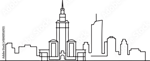 Continuous Line Warsaw Skyline with Palace of Culture Minimal Artistic Illustration