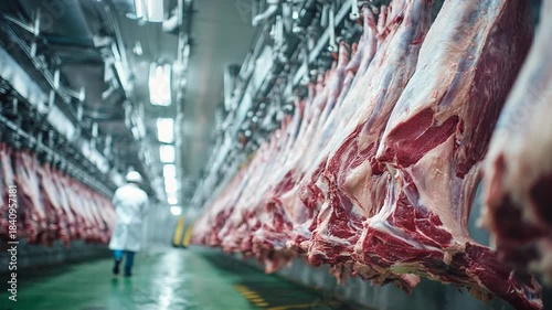Meat processing plant worker walking through refrigerated room