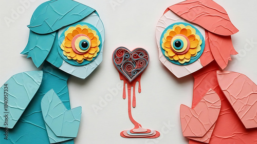 Paper Cut Art Illustration of Two Figures with Large Eyes and a Bleeding Quilled Heart