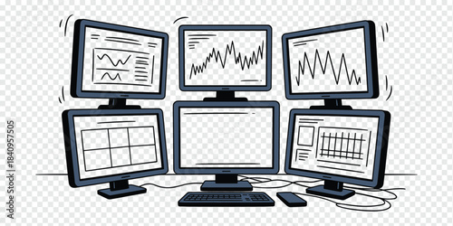 Multi-Screen Computer Monitoring System Data Visualization Setup