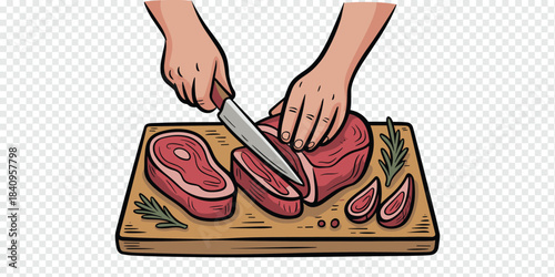 Hands Cutting Raw Ribeye Steak on Wooden Board Illustration