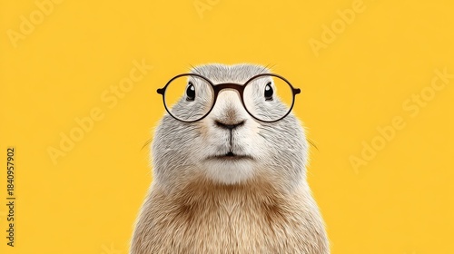 Humorous close-up of a furry groundhog (or prairie dog/marmot) wearing round prescription glasses on a bright yellow background. Ideal for education, comedy, animal, and business blogs/sites on topics