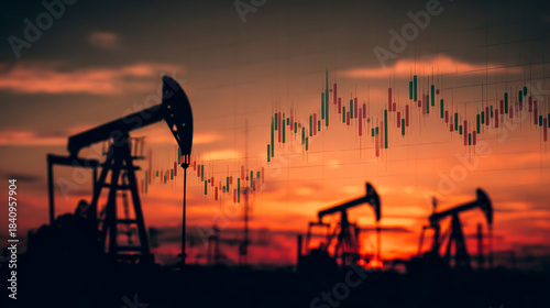 A stock market chart with an oil tank and pump jacks in the background