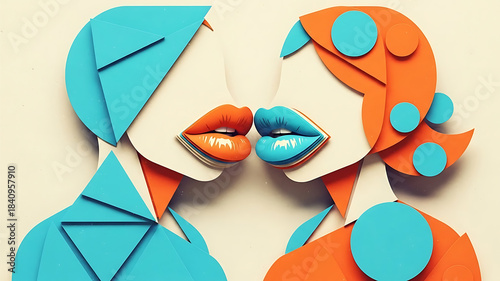 Geometric Kiss: Abstract 3D Paper Art of a Couple with Orange and Blue Shapes