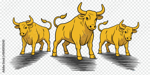 Three Golden Bulls Vector Illustration Symbolizing Strength, Power, and Growth