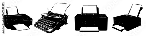 Set Black and White Silhouette print machine vector for office technology and reproduction concepts. Symbolizes copying, paper, and clean graphic equipment.
