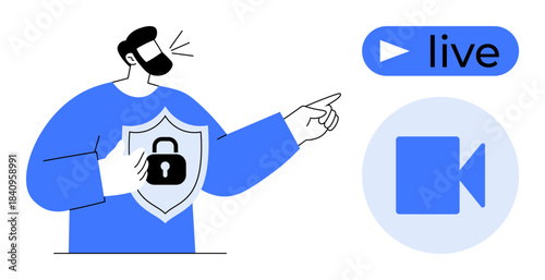Live streaming, online privacy, cybersecurity, video content creation, secure communication, data protection. A person with a lock shield pointing to a live video icon. Cybersecurity and online