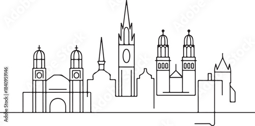 Continuous Line Zurich Skyline with Historic Towers Minimal Artistic Illustration