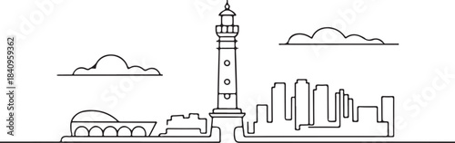 Continuous Line Alexandria Skyline with Coastal Heritage Elements Minimal Artistic Illustration