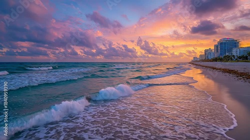 Ocean waves crashing on Miami beach at sunset