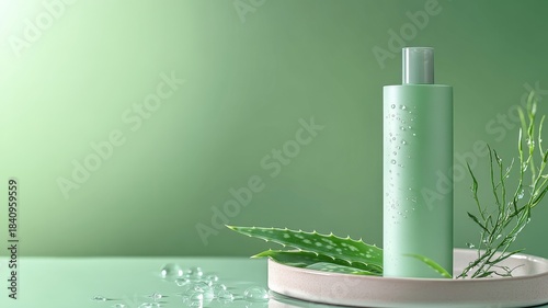 A light green spray bottle stands next to fresh whole and sliced cucumbers with green leaves on a light stand against a green background, suggesting refreshing products.