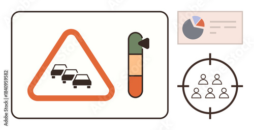 Traffic congestion warning symbol, progress bar, pie chart, and target focus group. Ideal for traffic management, workflow, data analysis, teamwork, goal alignment problem-solving simple flat