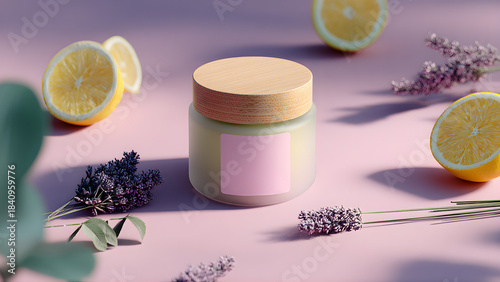 
a premium frosted glass jar of melatonin supplements with a minimal label featuring the Nubba logo in pastel pink, wooden cap, placed on a pastel background with lavender sprigs, lemon slices and sof