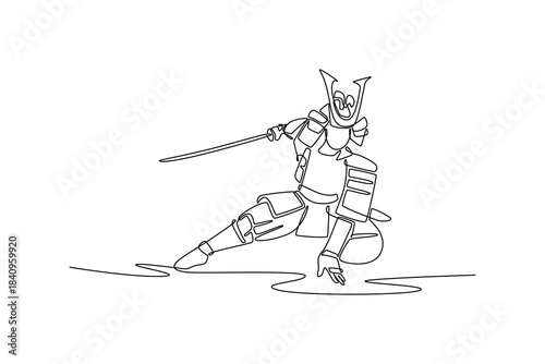 Continuous one line drawing samurai in full armor kneeling low to ground, holding katana pointed forward in defensive or horizontal cutting stance. Single line draw design vector graphic illustration
