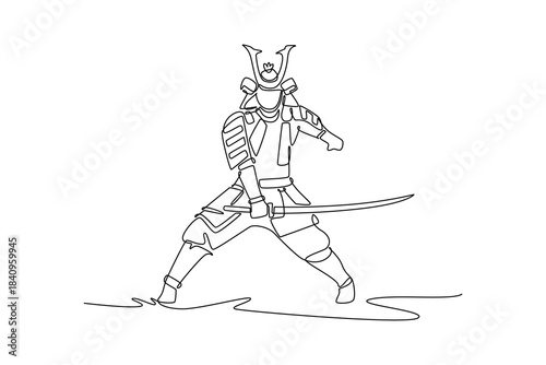 Single continuous line drawing bold samurai in full armor, holding katana across body in classic defensive or pre-attack side stance. Discipline focus. One line draw graphic design vector illustration