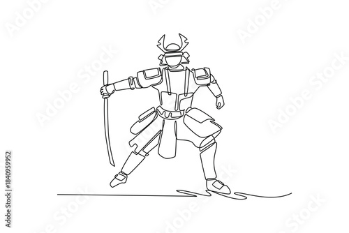 Single continuous line drawing samurai in full armor taking aggressive forward-leaning stance with katana held low, ready for decisive sweep or attack. One line draw graphic design vector illustration