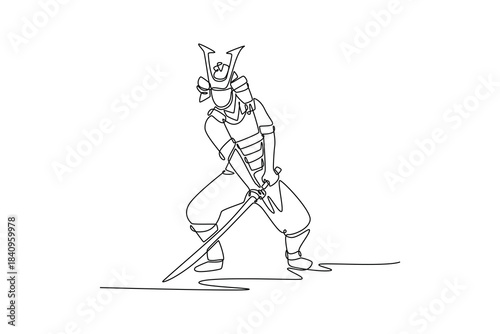 Single continuous line drawing powerful samurai in full armor, positioned in low, stable stance with katana pointed down. Moment of readiness, defense. One line draw graphic design vector illustration